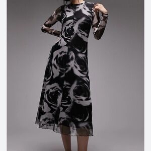 Topshop long sleeve printed jersey mesh bold rose print dress in size M